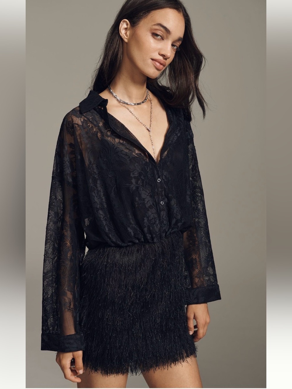 Anthropologie Glam Fringe Lace Twofer Mini Party Dress NWT LBD XL Romantic - Picture 3 of 9